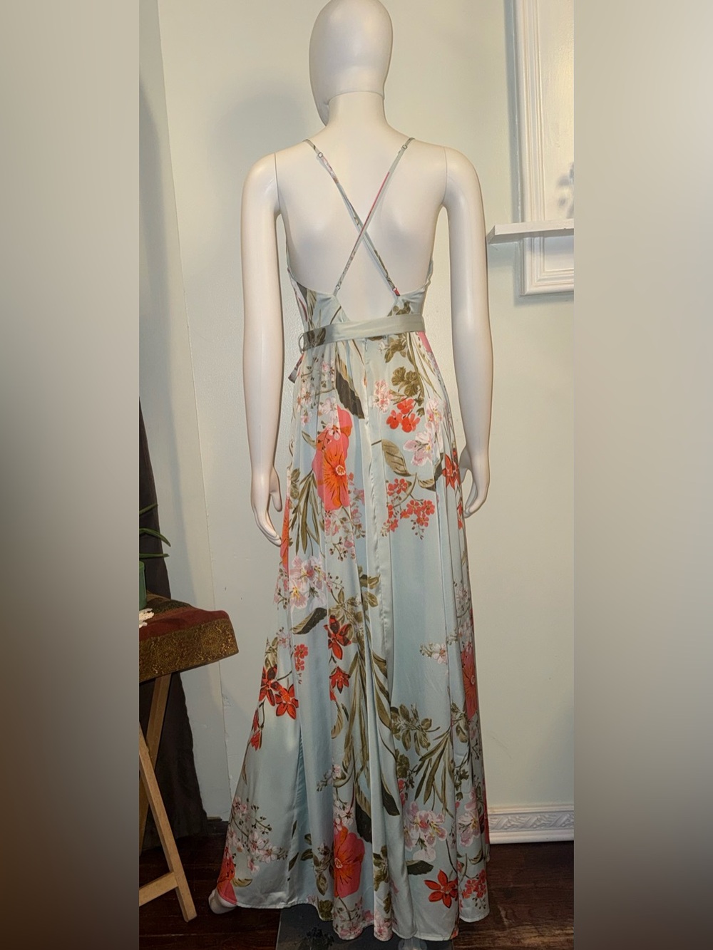 Lulu's Soft Sage Floral Belt Tie Maxi Dress with Coral Accents - Picture 8 of 14